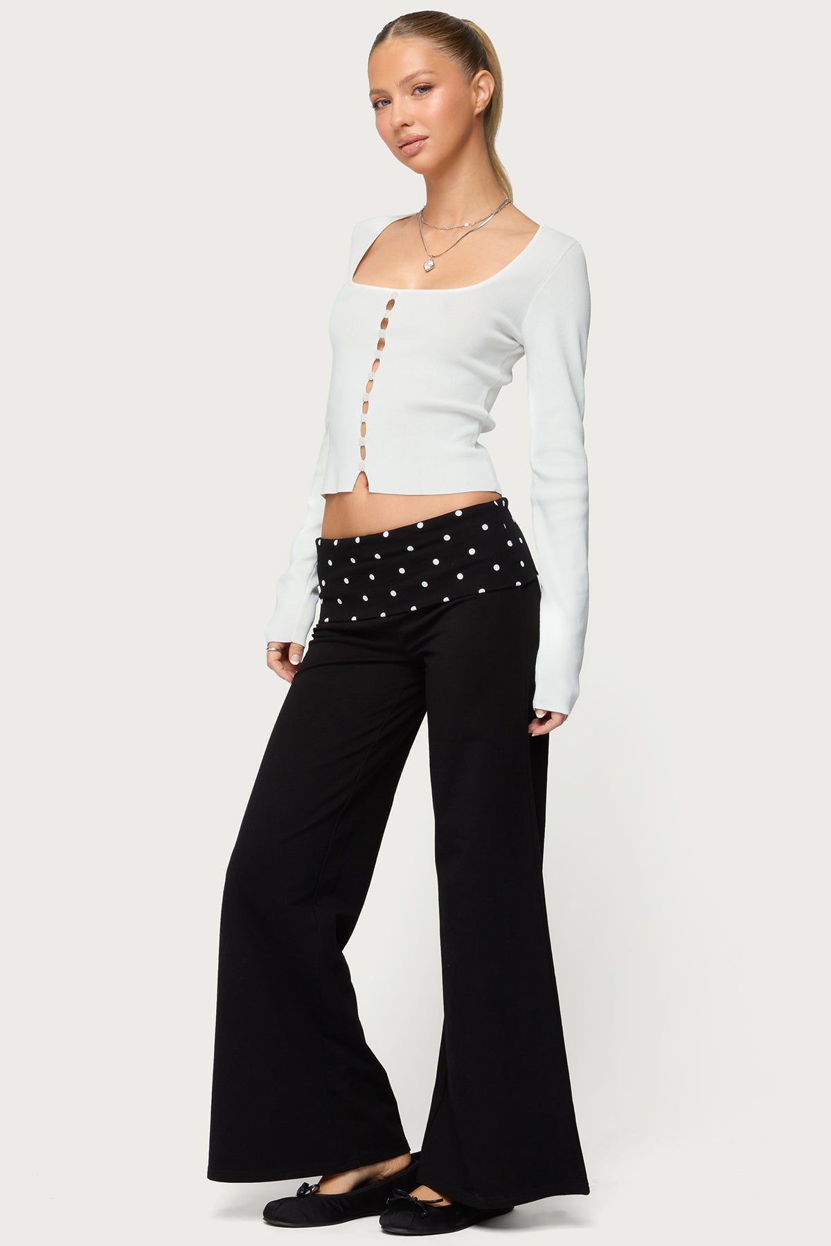 Petite Reeva Polka Dot Foldover Pants - BLACK
