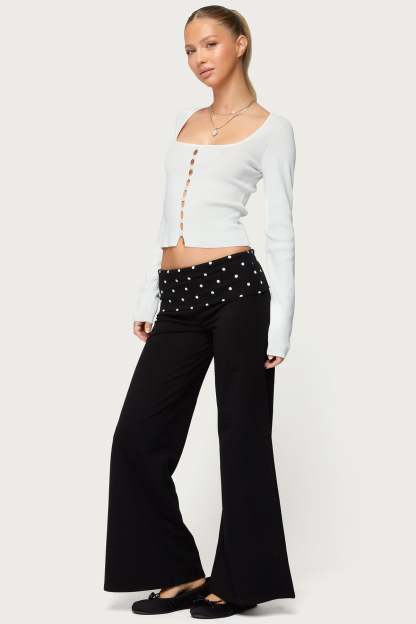 Petite Reeva Polka Dot Foldover Pants - BLACK
