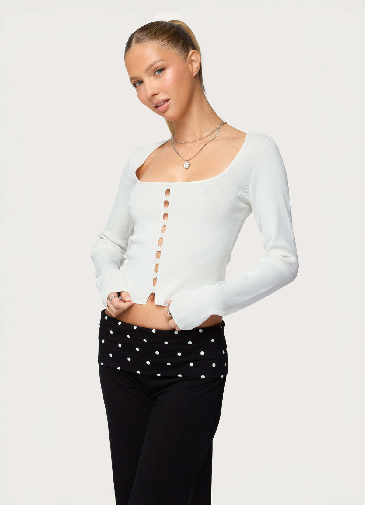 Deane Button Cutout Square Neck Top - WHITE