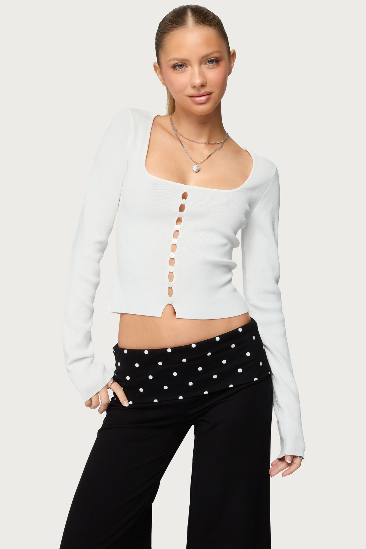 Deane Button Cutout Square Neck Top - WHITE