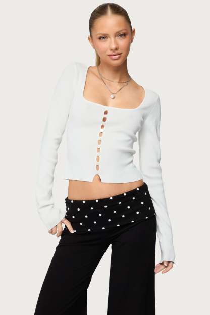 Deane Button Cutout Square Neck Top - WHITE