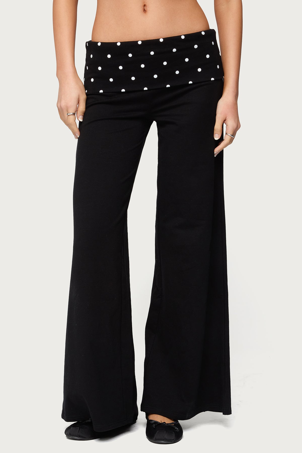 Petite Reeva Polka Dot Foldover Pants - BLACK