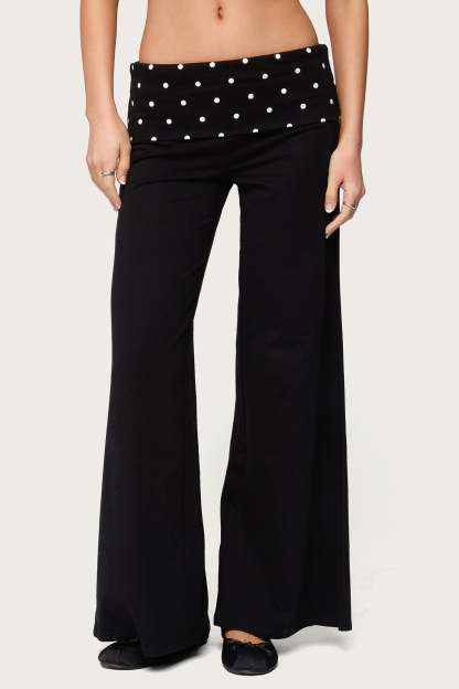 Petite Reeva Polka Dot Foldover Pants - BLACK