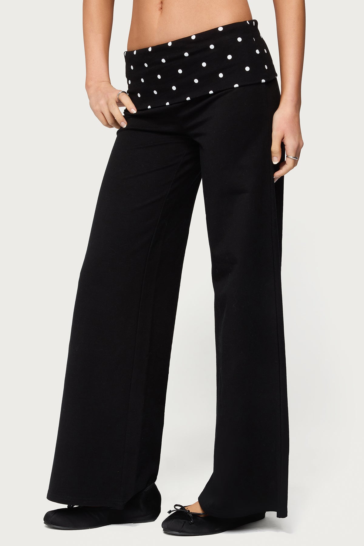 Petite Reeva Polka Dot Foldover Pants - BLACK