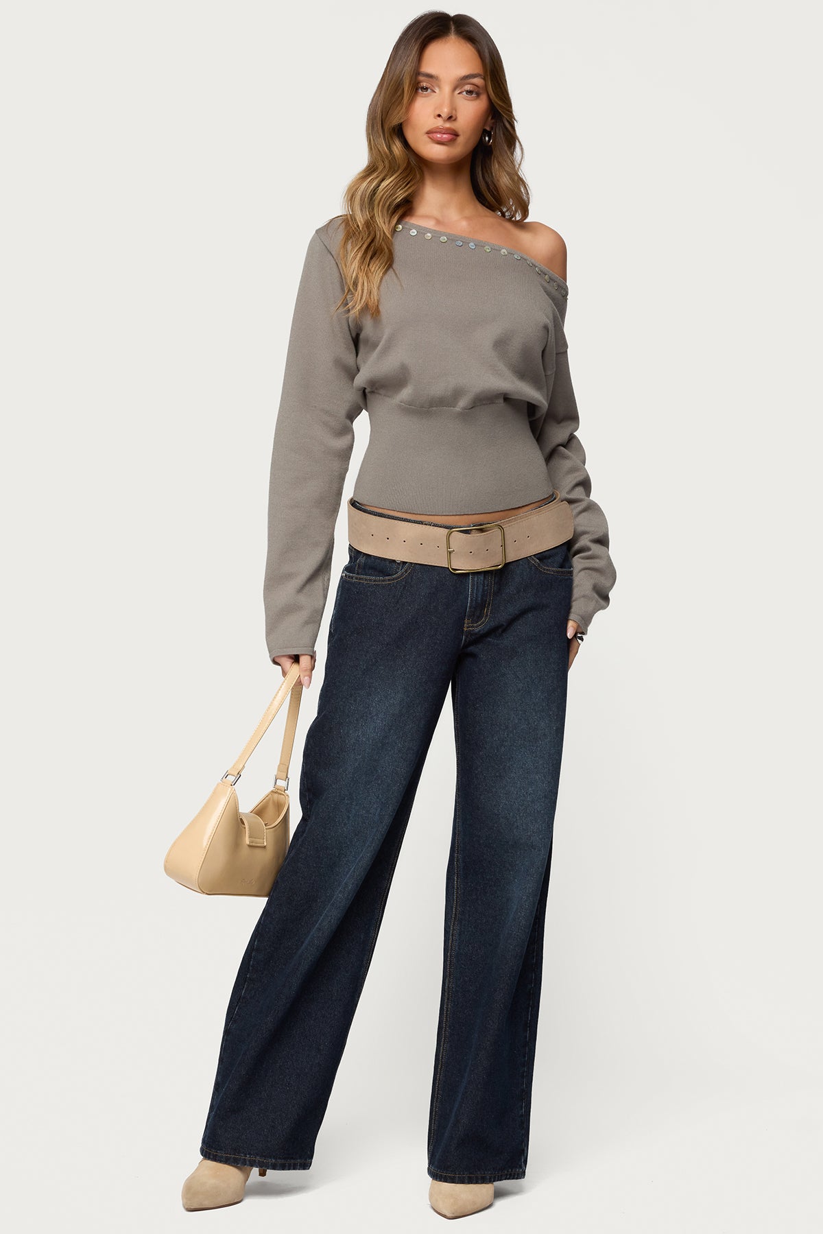 Carmela Iridescent Button Off Shoulder Sweater - OLIVE