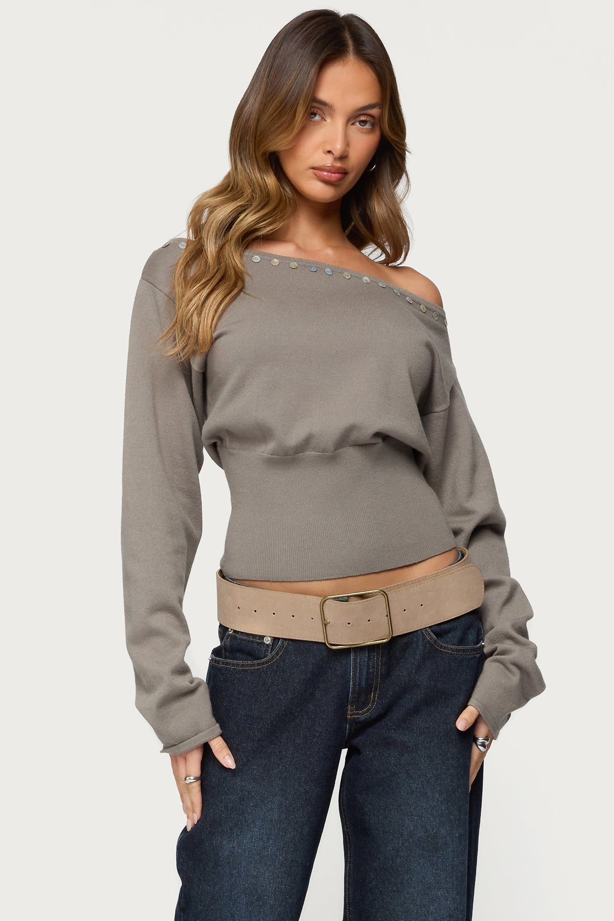 Carmela Iridescent Button Off Shoulder Sweater - OLIVE