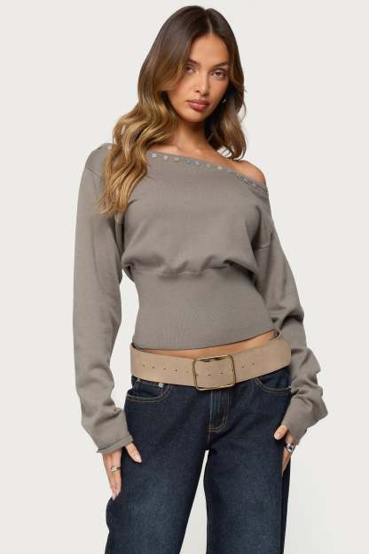Carmela Iridescent Button Off Shoulder Sweater - OLIVE