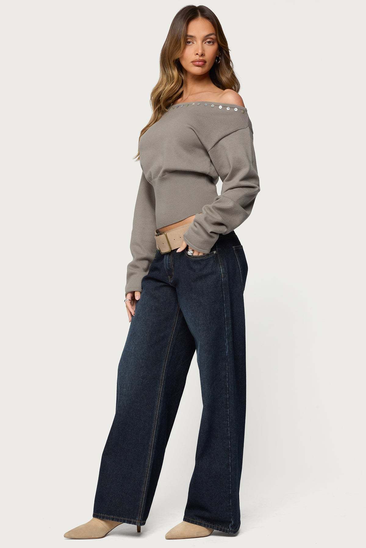Carmela Iridescent Button Off Shoulder Sweater - OLIVE