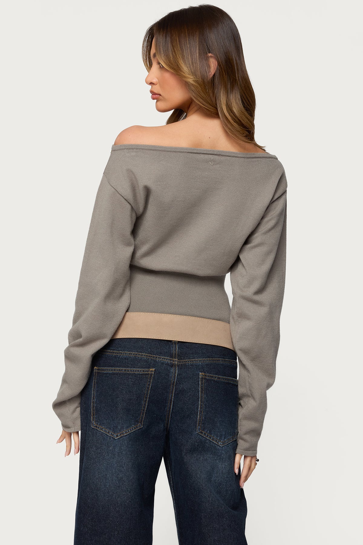 Carmela Iridescent Button Off Shoulder Sweater - OLIVE