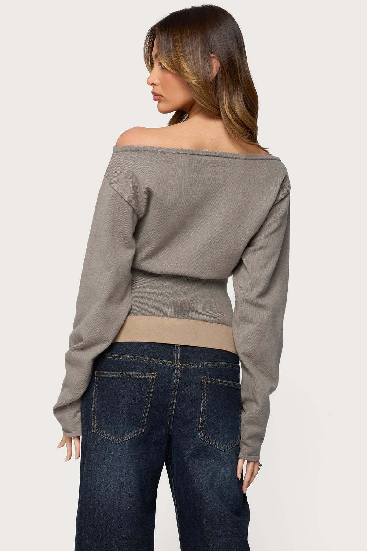 Carmela Iridescent Button Off Shoulder Sweater - OLIVE