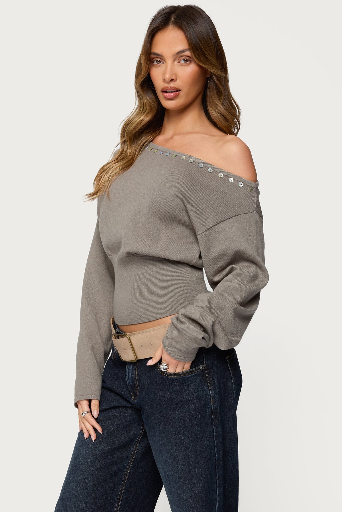 Carmela Iridescent Button Off Shoulder Sweater - OLIVE