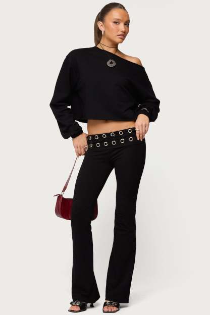 Nairobi Grommet Foldover Flared Leggings - BLACK