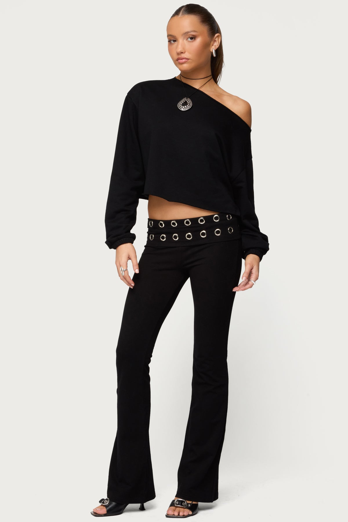 Nairobi Grommet Foldover Flared Leggings - BLACK