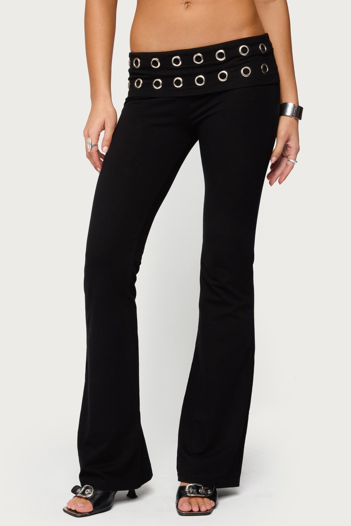 Nairobi Grommet Foldover Flared Leggings - BLACK