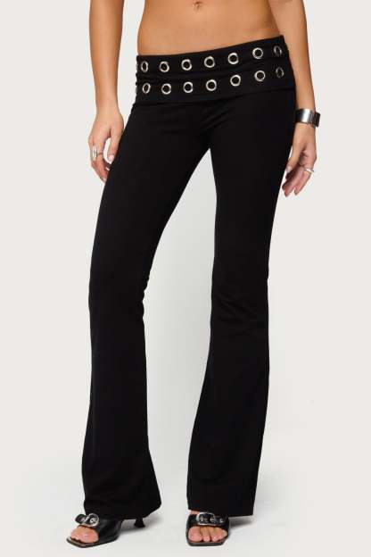 Nairobi Grommet Foldover Flared Leggings - BLACK