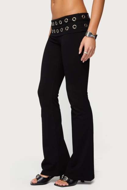 Nairobi Grommet Foldover Flared Leggings - BLACK