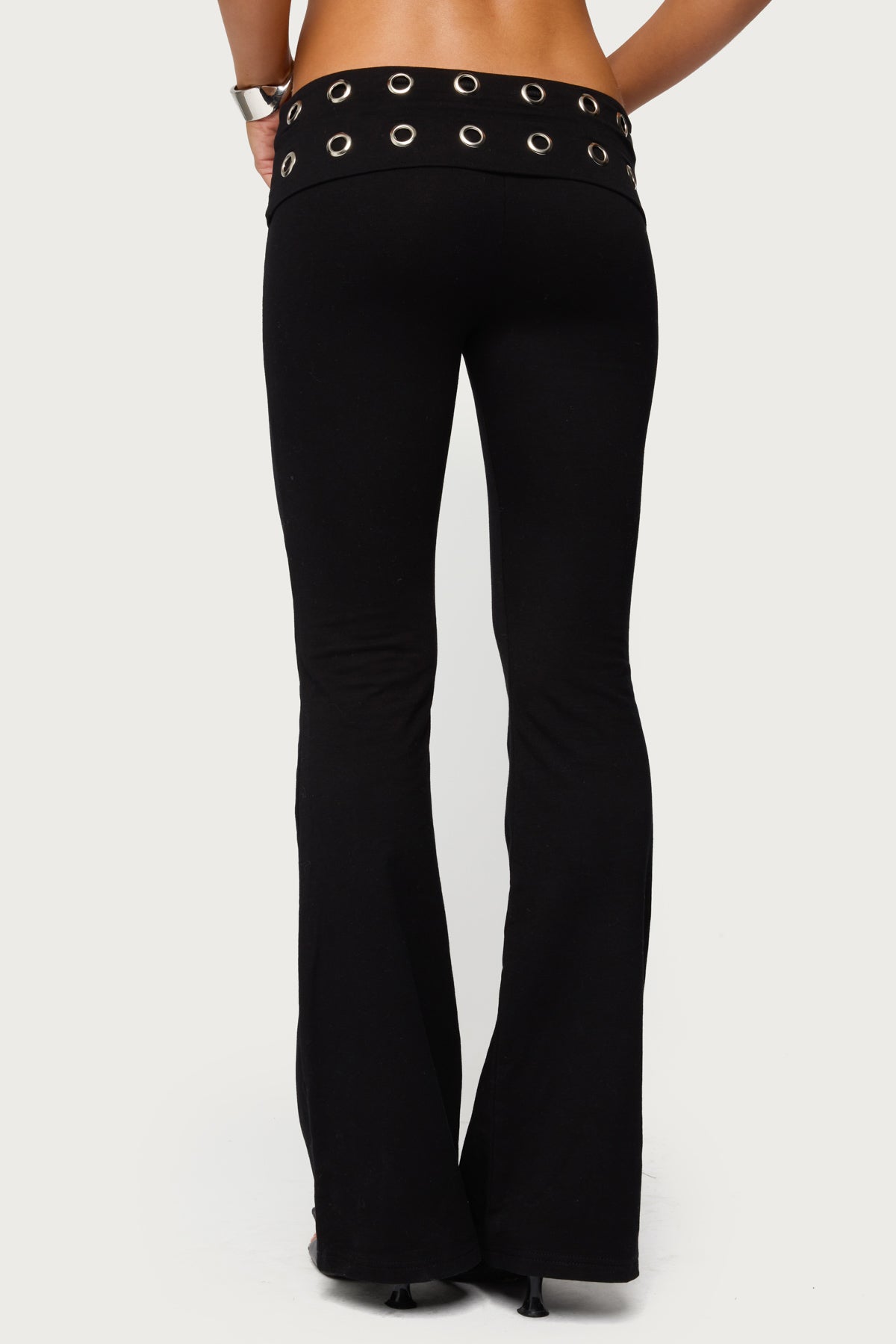 Nairobi Grommet Foldover Flared Leggings - BLACK