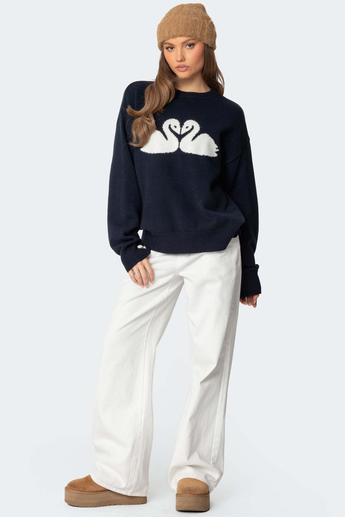 Swan Oversized Knit Sweater - NAVY