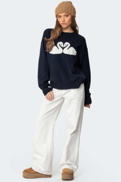Swan Oversized Knit Sweater - NAVY