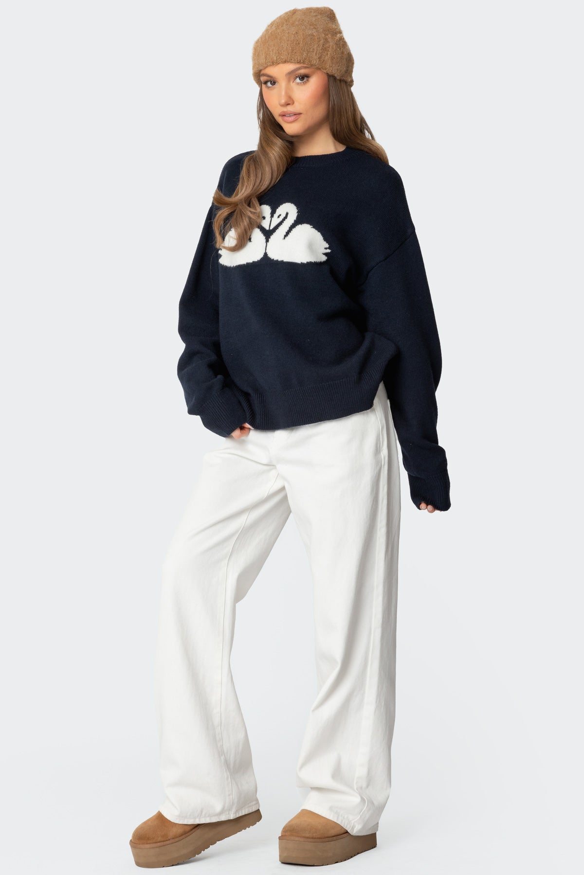 Swan Oversized Knit Sweater - NAVY
