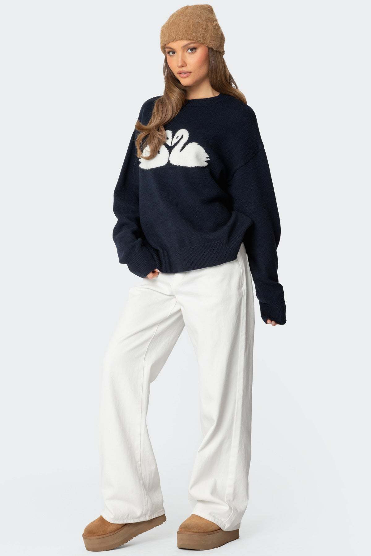 Swan Oversized Knit Sweater - NAVY