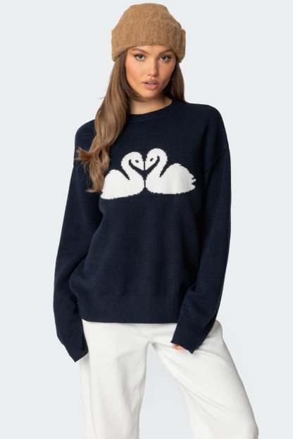 Swan Oversized Knit Sweater - NAVY