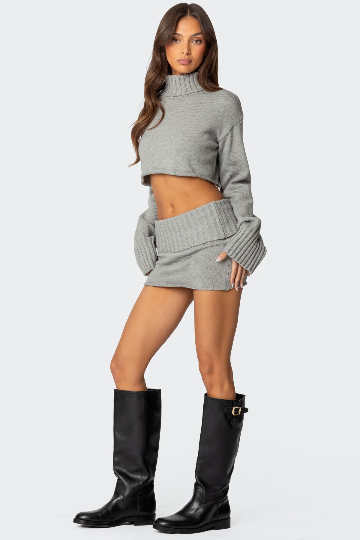 Gino Cropped Turtle Neck Sweater - GRAY MELANGE