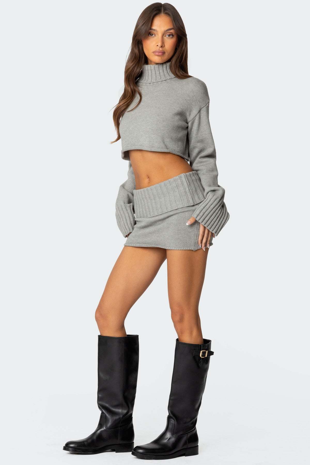 Gino Cropped Turtle Neck Sweater - GRAY MELANGE