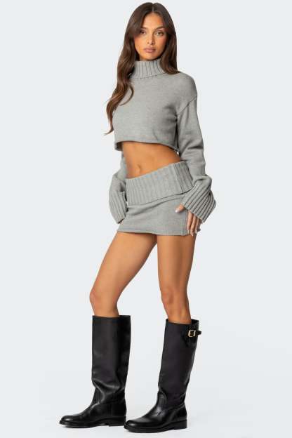 Gino Cropped Turtle Neck Sweater - GRAY MELANGE