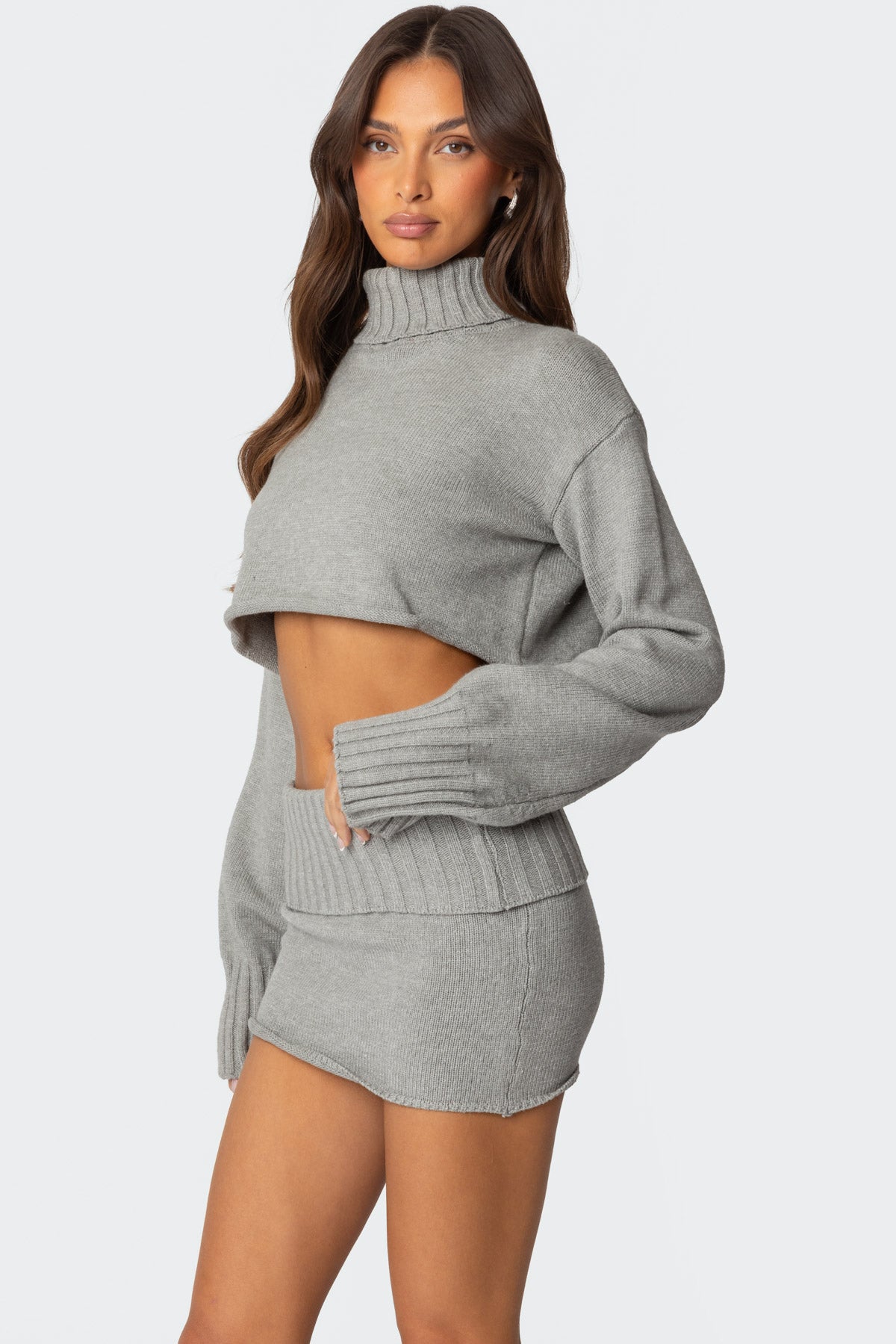 Gino Cropped Turtle Neck Sweater - GRAY MELANGE