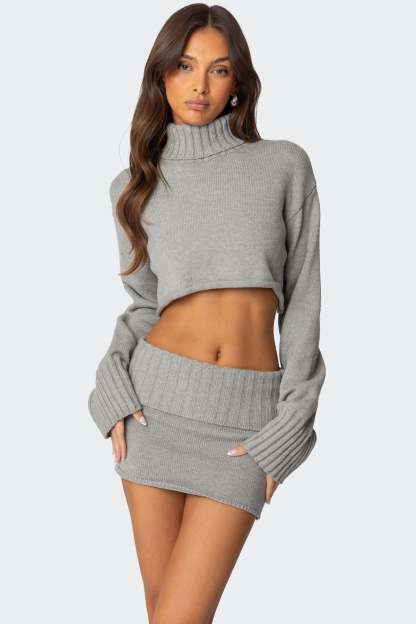 Gino Cropped Turtle Neck Sweater - GRAY MELANGE