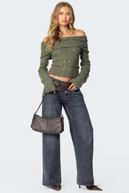 Kenna Fold Over Knit Top - GREEN