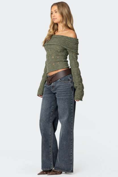 Kenna Fold Over Knit Top - GREEN