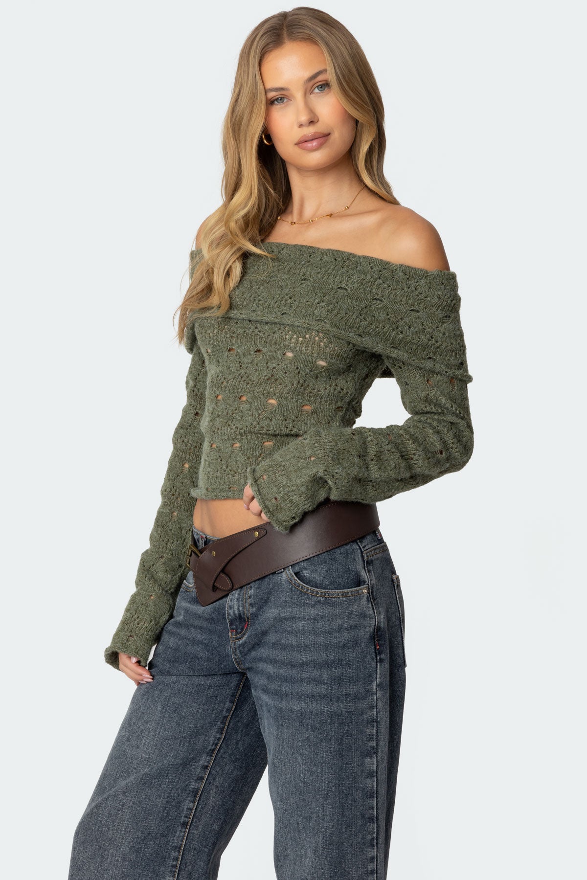 Kenna Fold Over Knit Top - GREEN