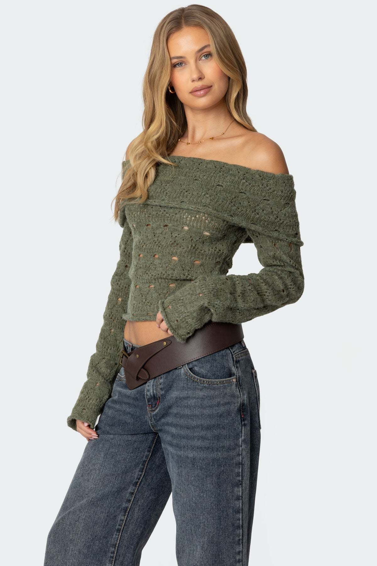 Kenna Fold Over Knit Top - GREEN