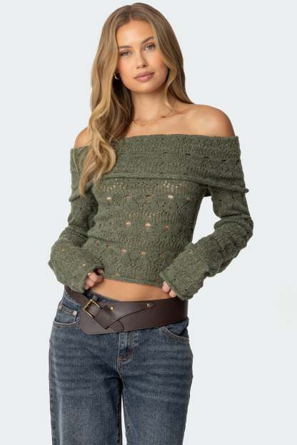 Kenna Fold Over Knit Top - GREEN