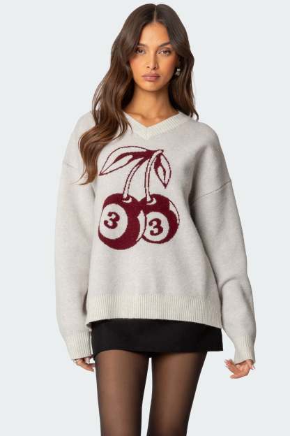 Cherry 3 Oversized V Neck Sweater - GRAY MELANGE