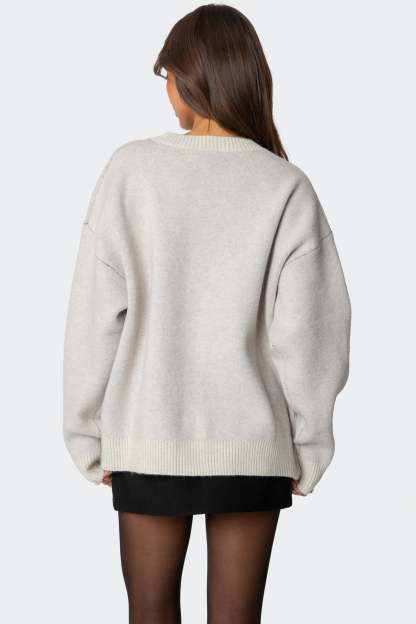 Cherry 3 Oversized V Neck Sweater - GRAY MELANGE