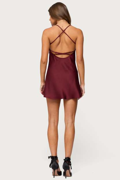 Nalah Satin Effect Mini Dress - BURGUNDY