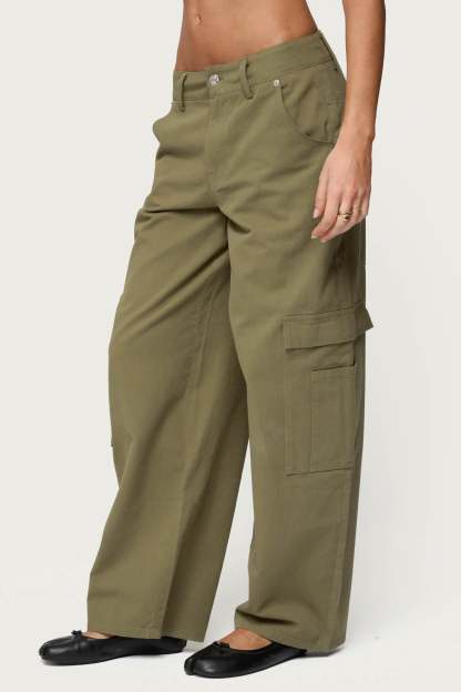 Jadah Low Rise Baggy Cargo Pants - OLIVE-WASHED