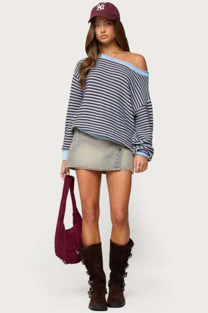 Averi Striped Oversized Off Shoulder Sweater - LIGHT-BLUE