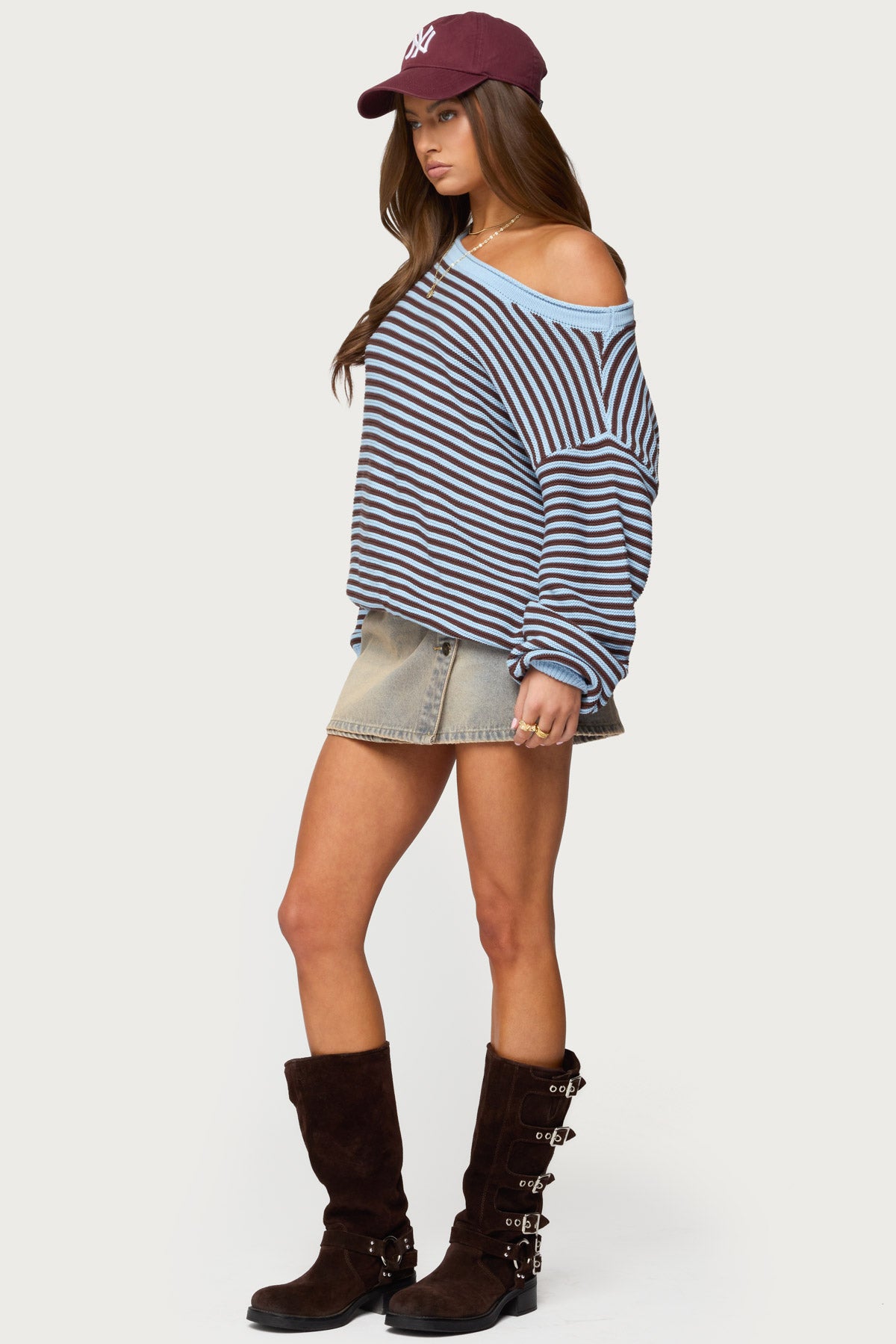 Averi Striped Oversized Off Shoulder Sweater - LIGHT-BLUE