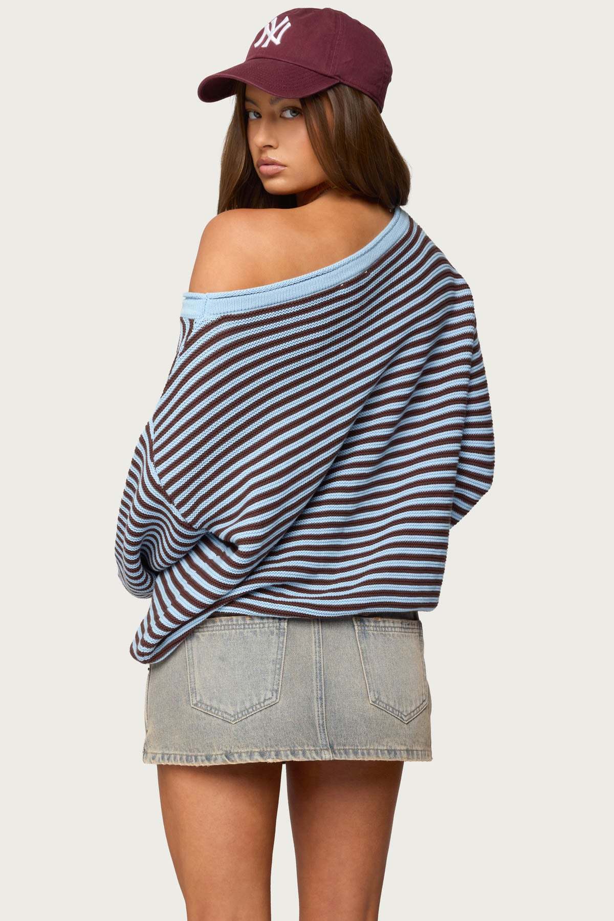 Averi Striped Oversized Off Shoulder Sweater - LIGHT-BLUE