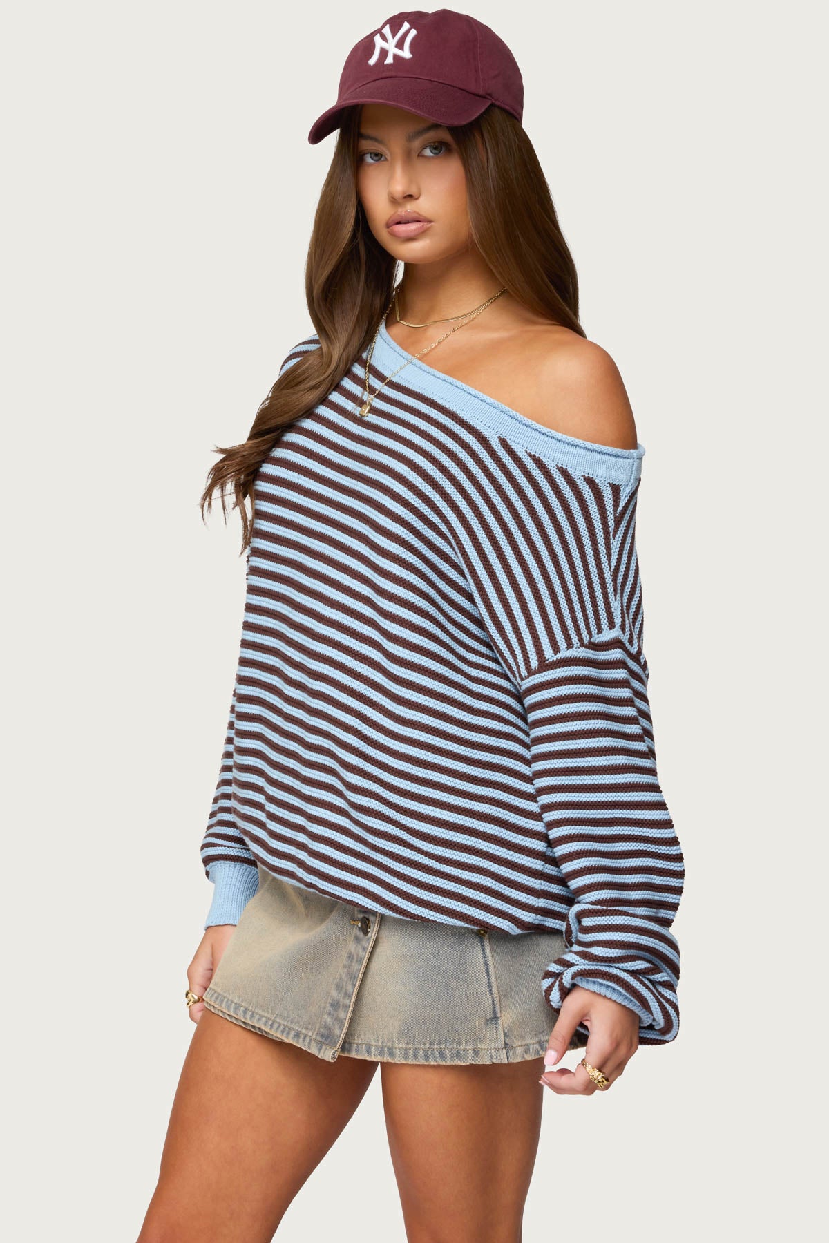 Averi Striped Oversized Off Shoulder Sweater - LIGHT-BLUE