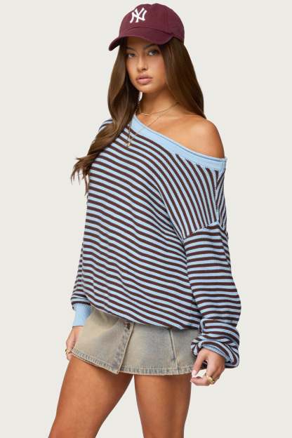 Averi Striped Oversized Off Shoulder Sweater - LIGHT-BLUE