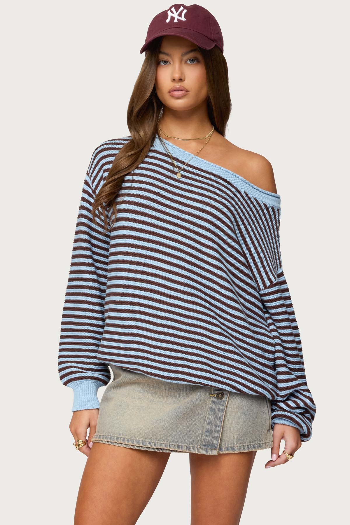 Averi Striped Oversized Off Shoulder Sweater - LIGHT-BLUE