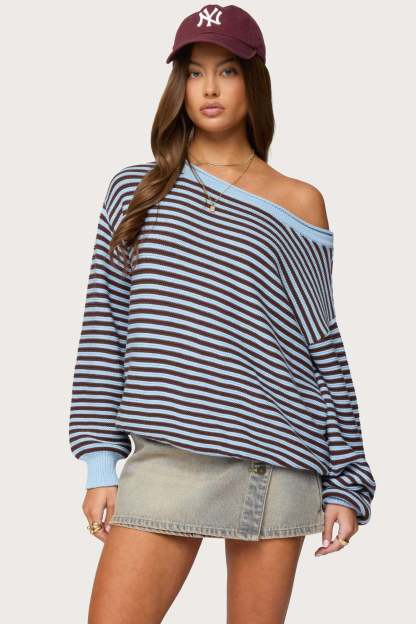 Averi Striped Oversized Off Shoulder Sweater - LIGHT-BLUE