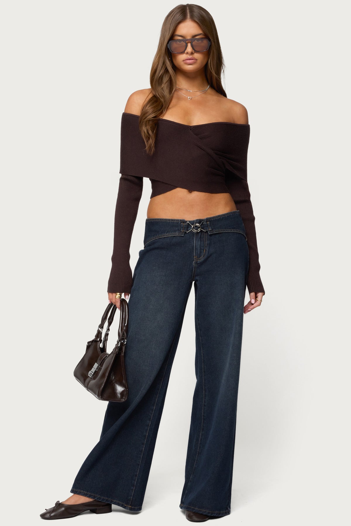 Paulina Off Shoulder Wrap Sweater - BROWN