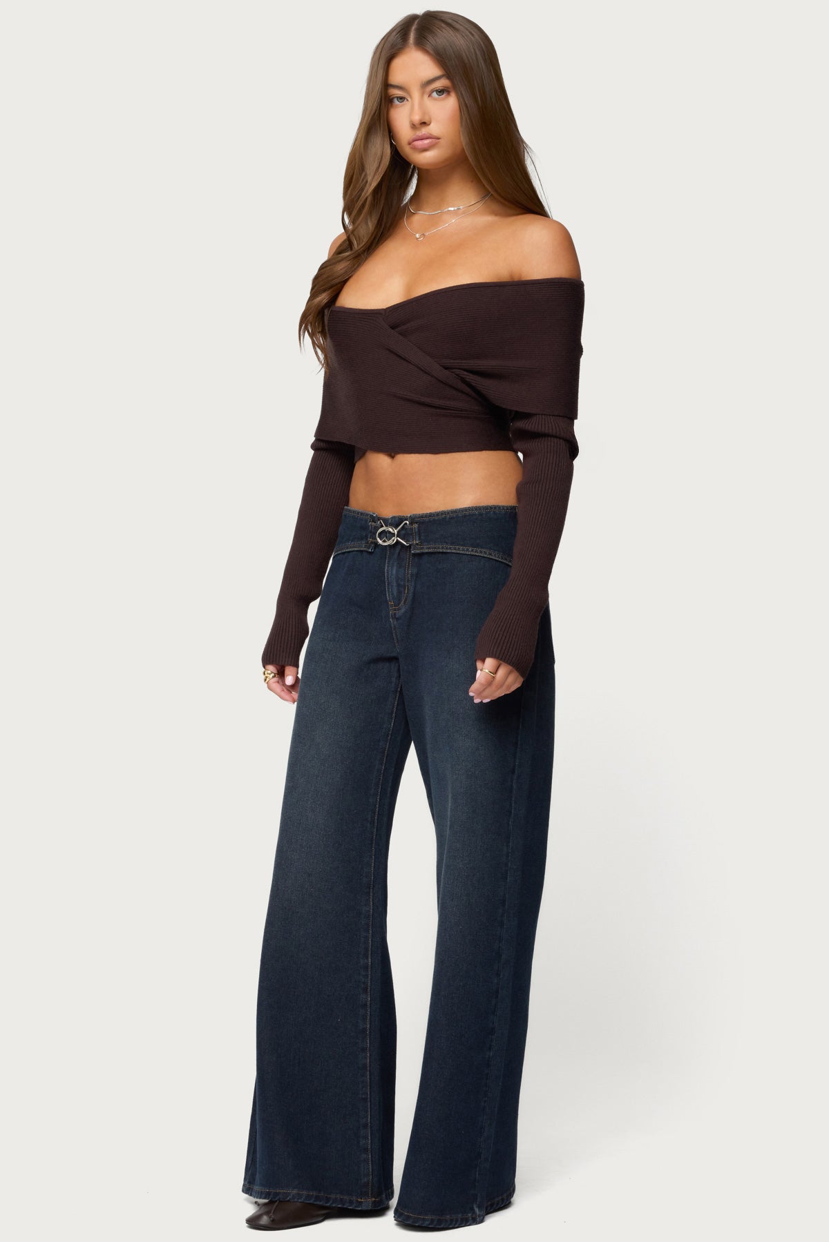 Paulina Off Shoulder Wrap Sweater - BROWN