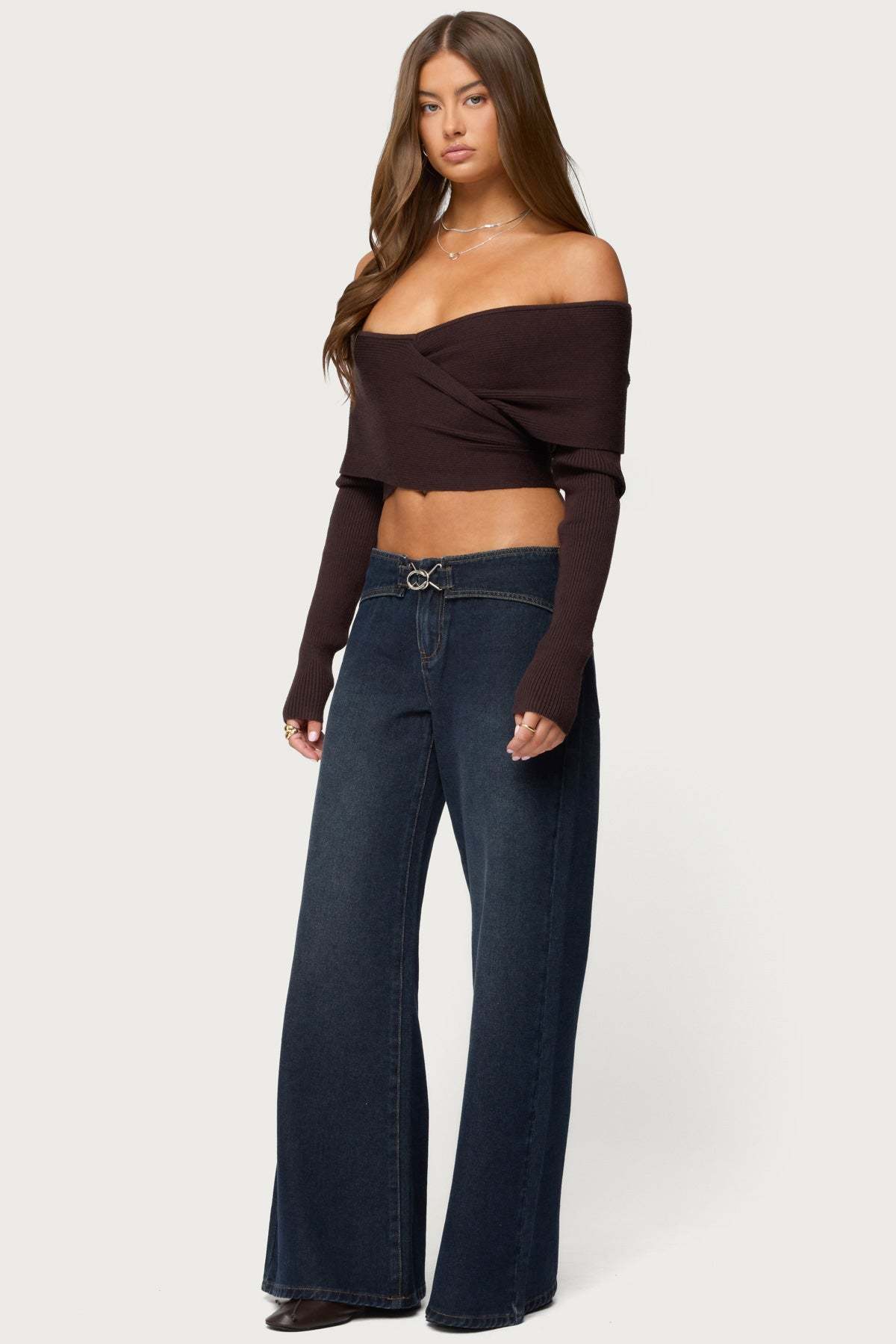 Paulina Off Shoulder Wrap Sweater - BROWN
